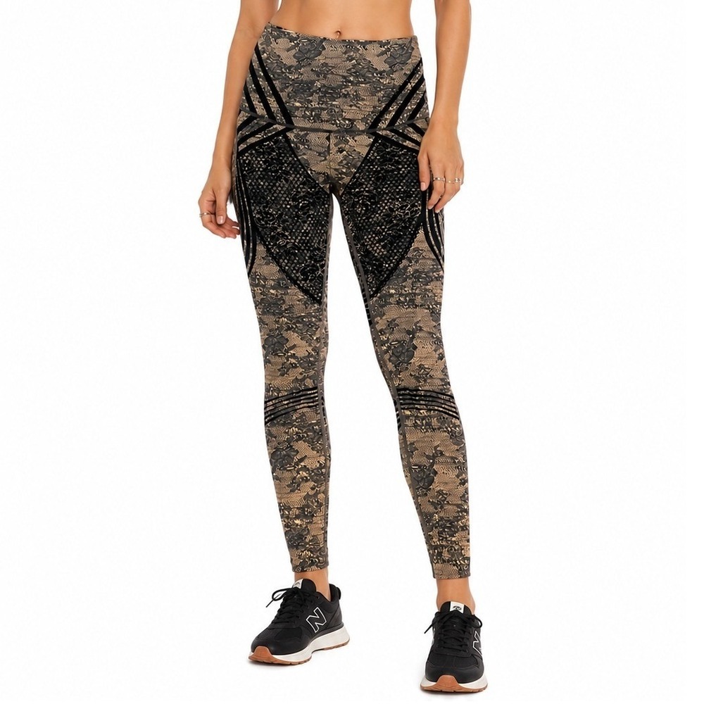 Savage X Fenty Sport Leggings Women Large Black Tan Flocked Floral High Waisted